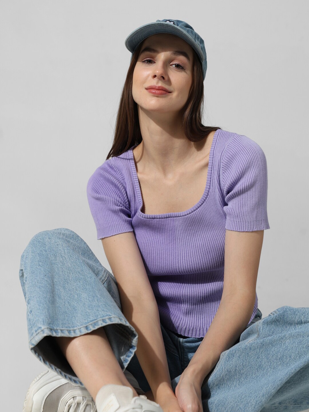 

ONLY Ribbed Knitted Pure Cotton Fitted Top, Lavender