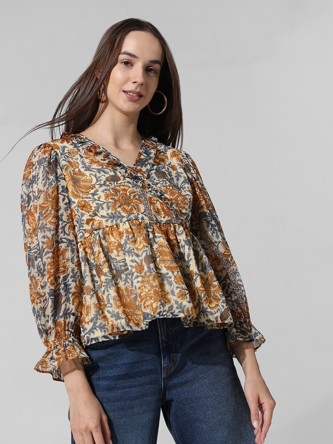 

ONLY Floral Printed Bell Sleeves Ruffled V-Neck Chiffon A-Line Top, Mustard