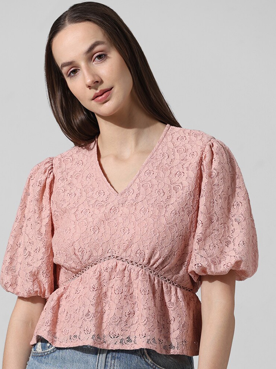 

ONLY Self Design Puff Sleeves Cotton Lace Gathered Peplum Top, Peach