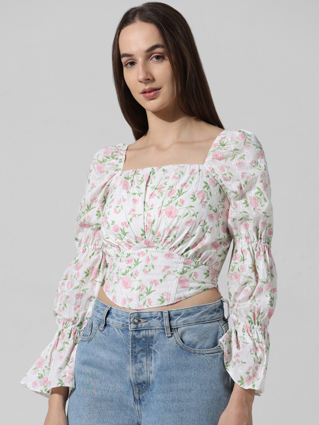 

ONLY Floral Printed Gathered Bell Sleeves Dobby Square Neck Crop Top, White
