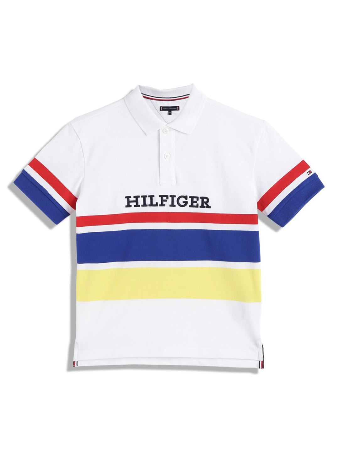 

Tommy Hilfiger Boys Striped Cotton Polo Collar Applique T-shirt, White