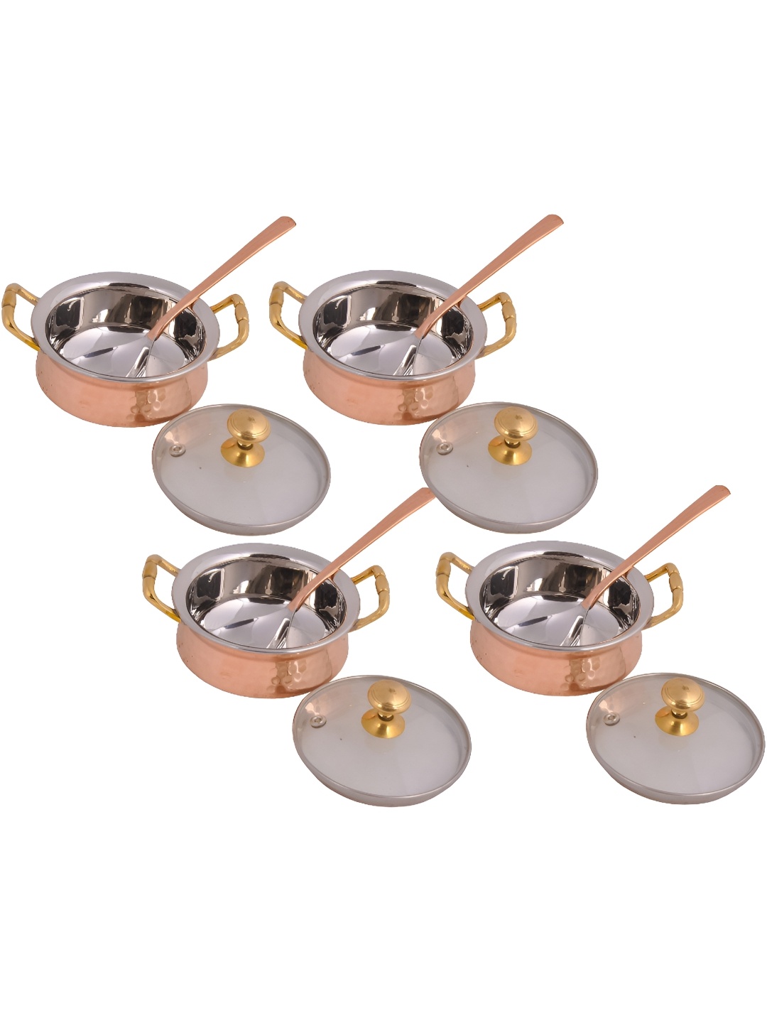 

Shivshakti Arts 4 Pieces Copper Casserole with Glass Lid & Serving Spoon 400 ml Each, Brown