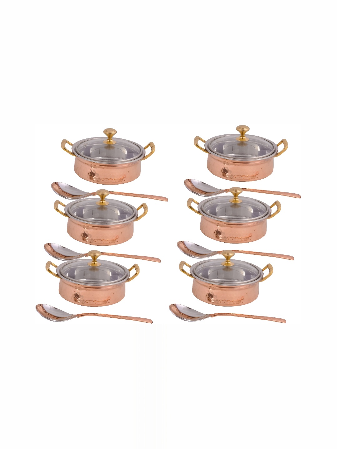 

Shivshakti Arts 6 Pcs Copper Casserole with Glass Lid & Serving Spoon 650 ml Each