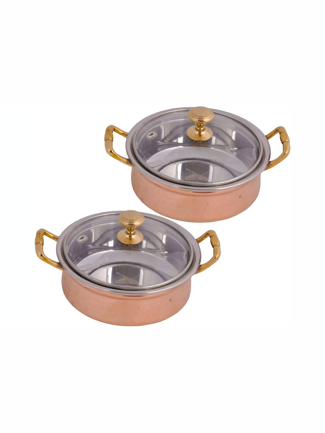 

Shivshakti Arts Brown & Transparent 2Pcs Copper Cook And Serve Casseroles with Glass Lid