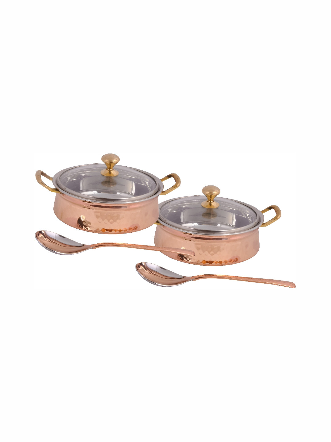 

Shivshakti Arts Brown 4Pcs Copper Cook &Serve Casseroles With Glass Lids & Serving Spoons