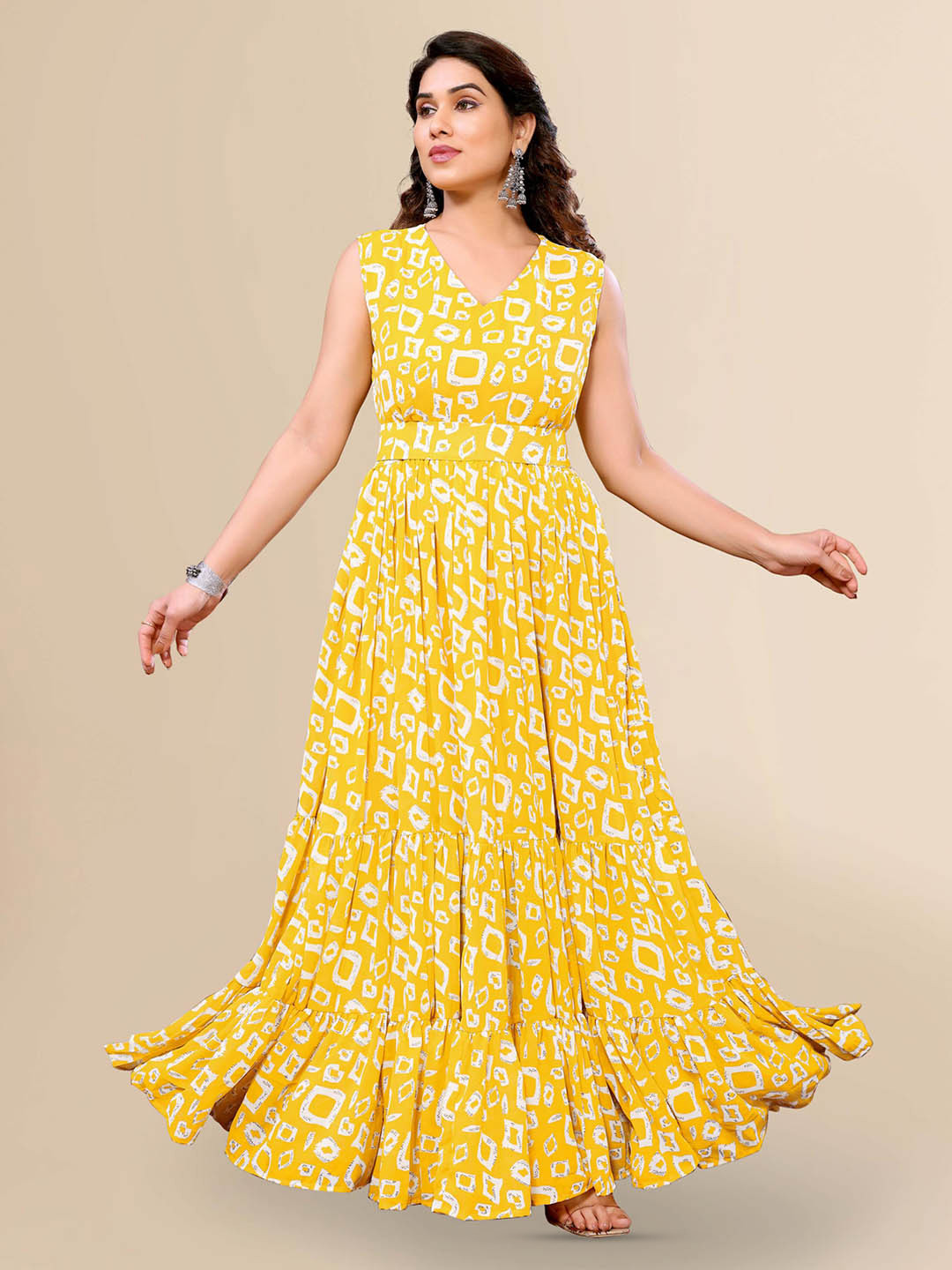 

TITANIUM SILK INDUSTRIES PVT. LTD. Geometric Printed Tiered Georgette Maxi Dress, Yellow