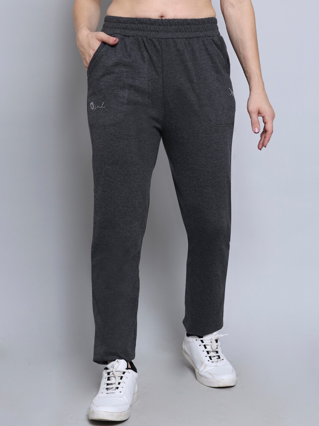 

N-Gal Women Mid-Rise Cotton Track Pants, Grey