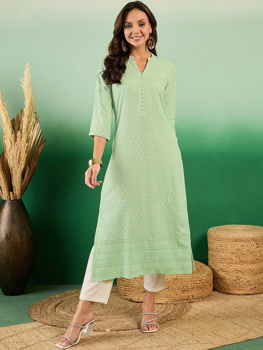 

Sangria Embroidered Band Collar Straight Kurta, Lime green