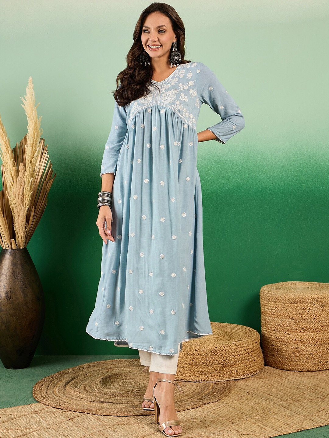 

Sangria Embroidered Pure Cotton A Line Kurta, Blue