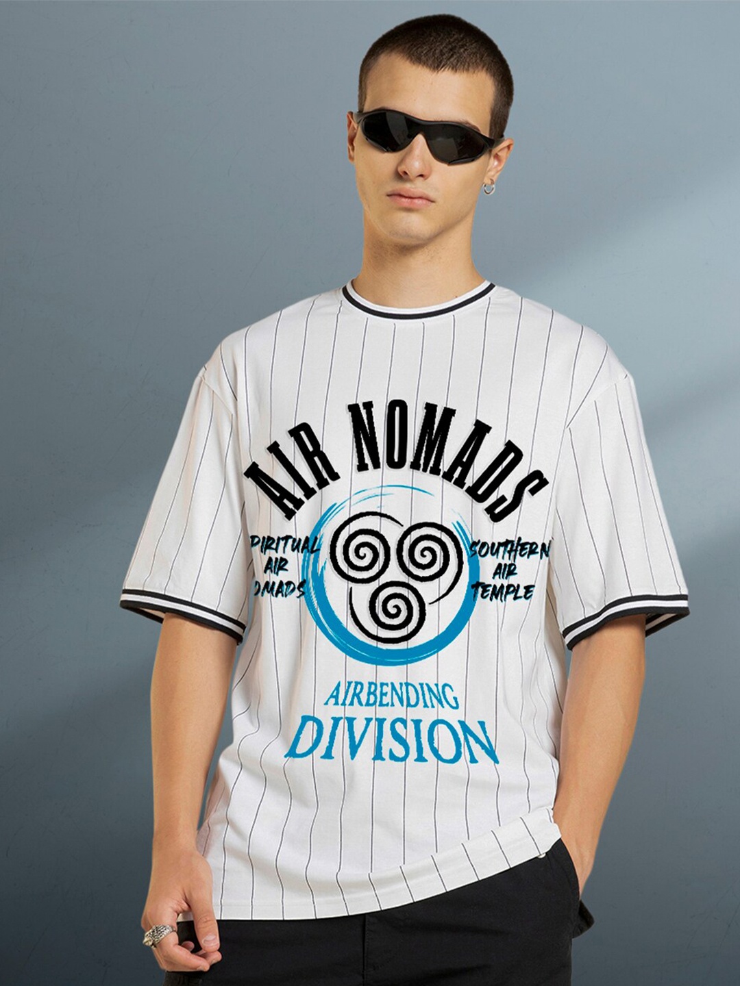 

Bewakoof Avatar Men Air Nomads Varsity Striped Oversized T-shirt, White