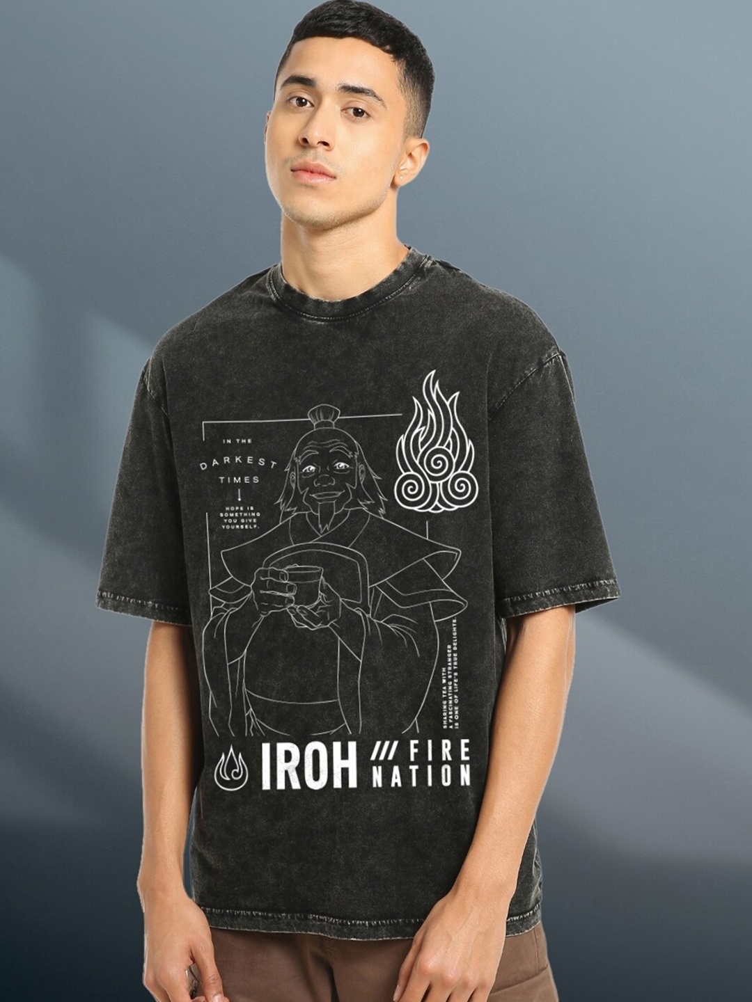 

Bewakoof Avatar Men Uncle Iroh Graphic Printed Oversized Acid Wash T-shirt, Black