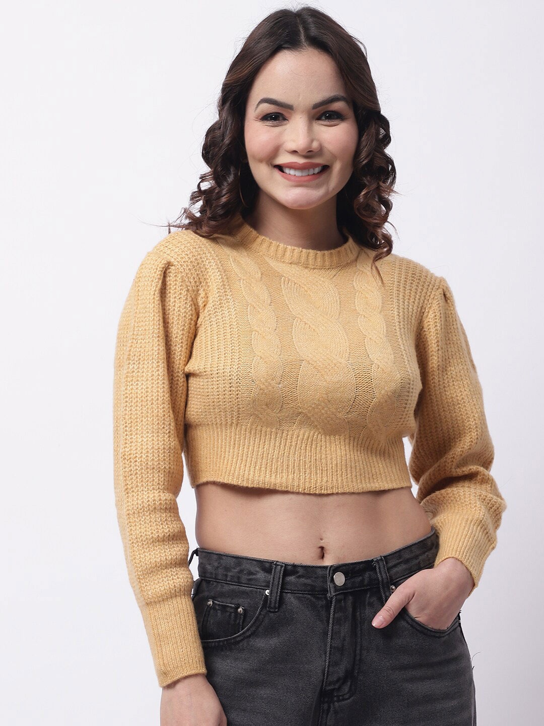 

NoBarr Cable Knit Round Neck Long Sleeves Acrylic Crop Pullover Sweater, Yellow