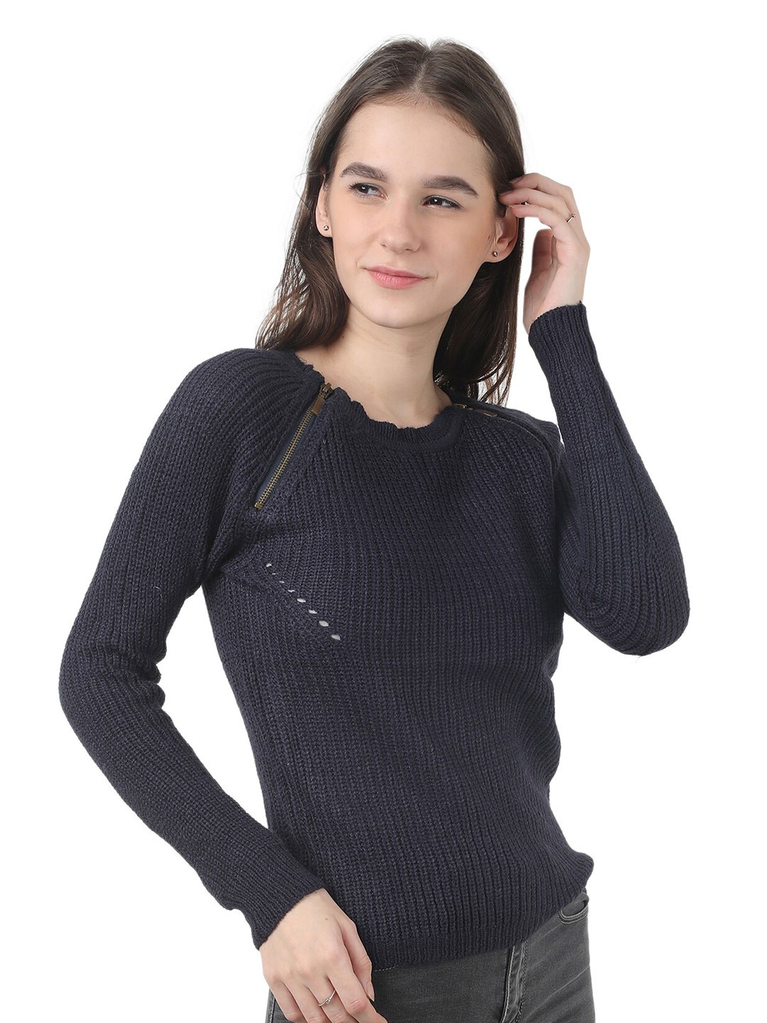 

NoBarr Ribbed Round Neck Long Sleeves Zip Detail Pullover Sweater, Blue