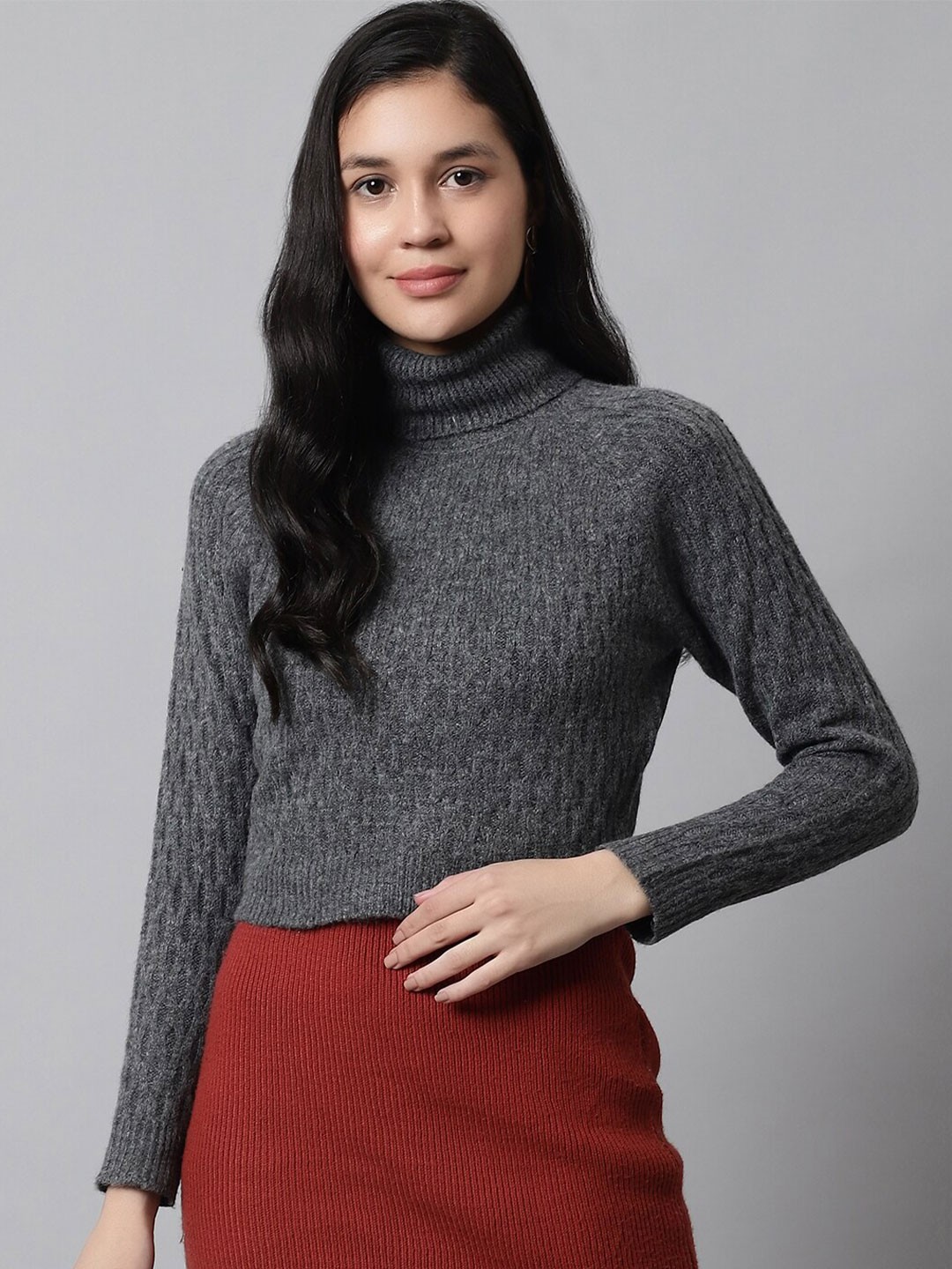 

NoBarr Ribbed Turtle Neck Long Sleeves Acrylic Pullover Sweater, Grey