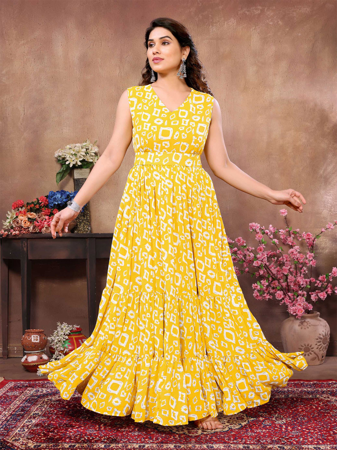 

Titanium Silk Industries Geometric Printed V-Neck Tiered Georgette Maxi Dress With Belt, Yellow