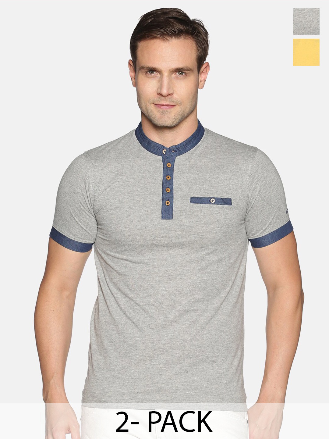 

Dollar Pack Of 2 Henley Neck Pockets T-shirt, Grey