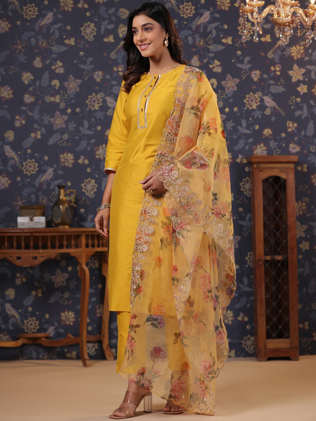 

House of Pataudi Embroidered Round-Neck Kurta With Trousers & Dupatta, Yellow