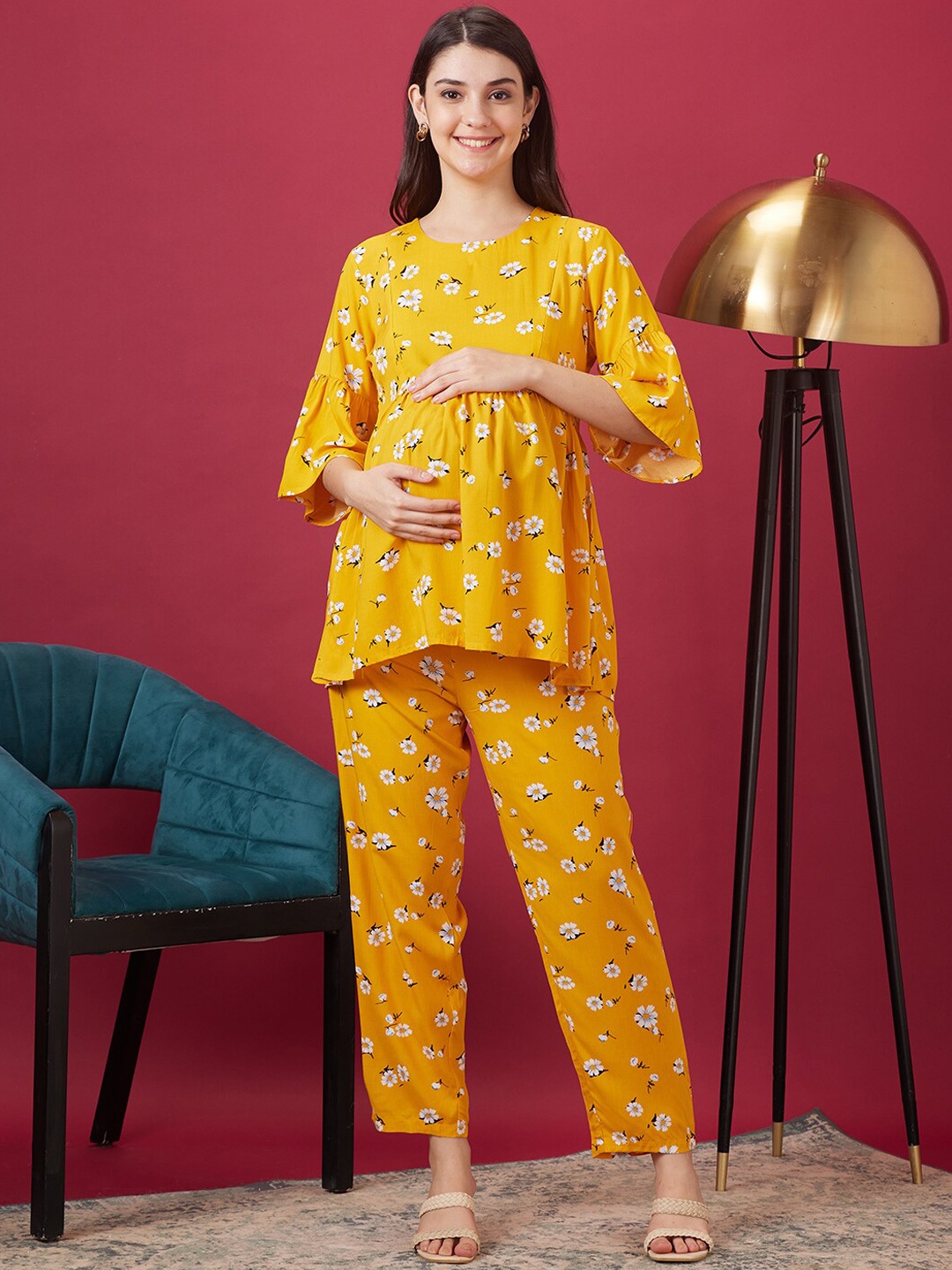 

AV2 Maternity Floral Printed Round Neck A-Line Top With Trousers, Yellow