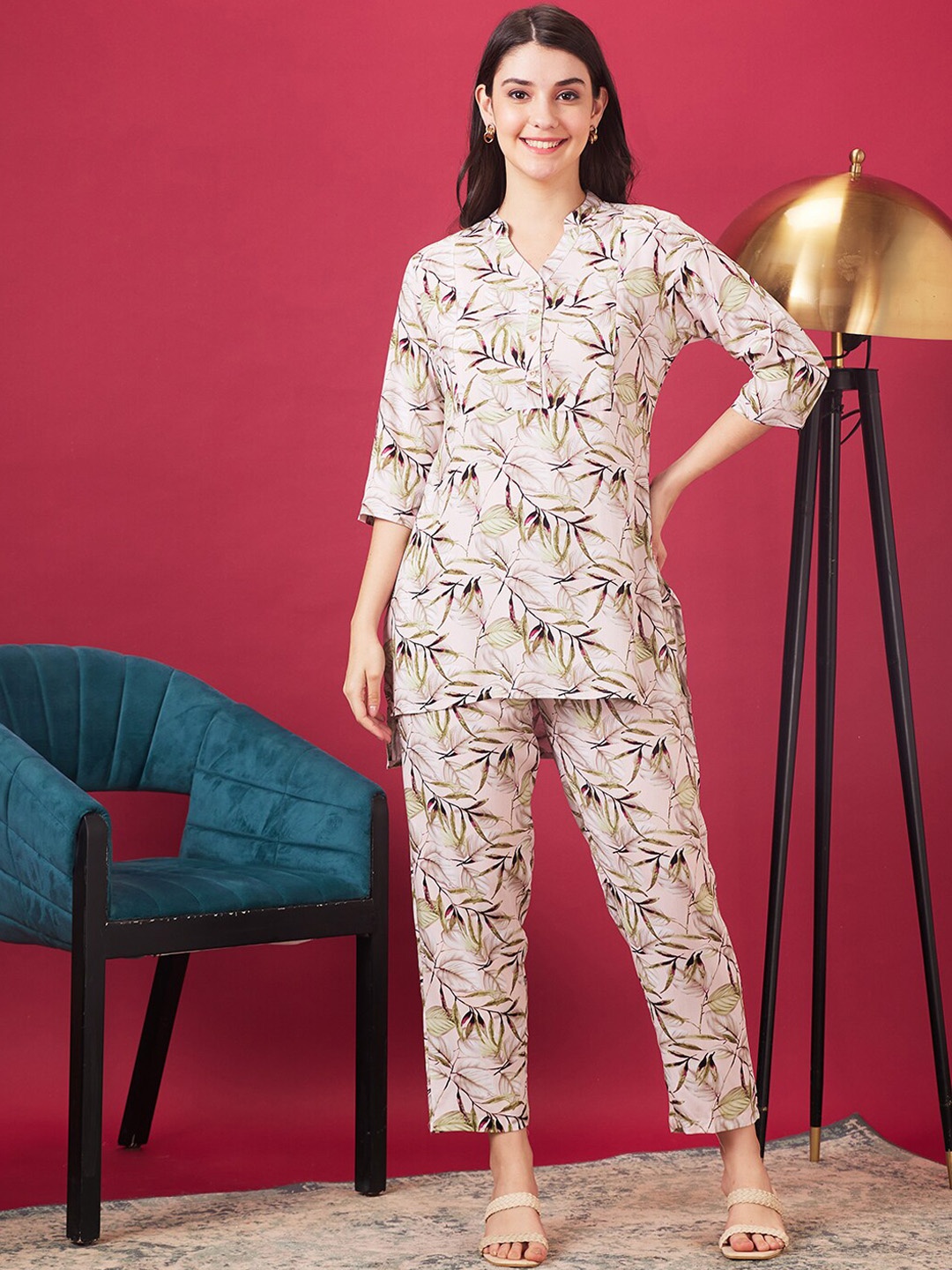 

AV2 Maternity Printed Mandarin Collar Neck Top & Flared Trouser, Pink