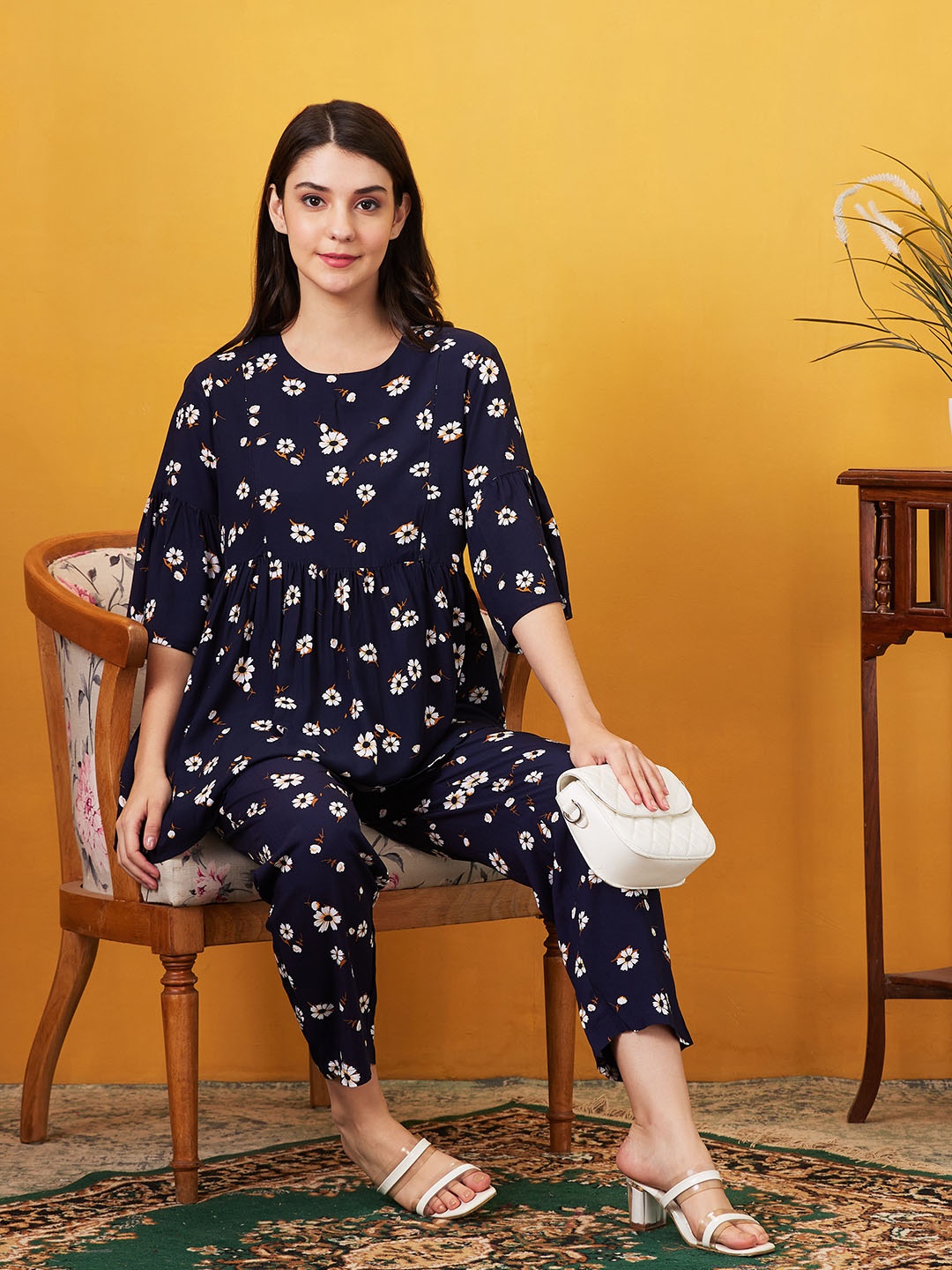 

AV2 Maternity Printed Bell Sleeves A-Line Top & Flared Trouser, Navy blue