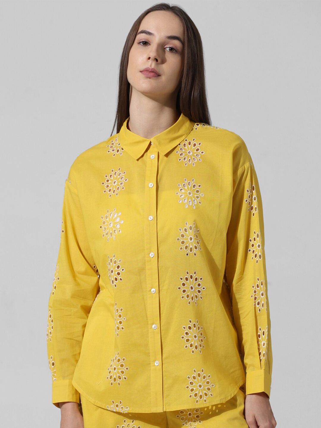 

ONLY Self Design Schiffli Spread Collar Casual Pure Cotton Shirt, Yellow