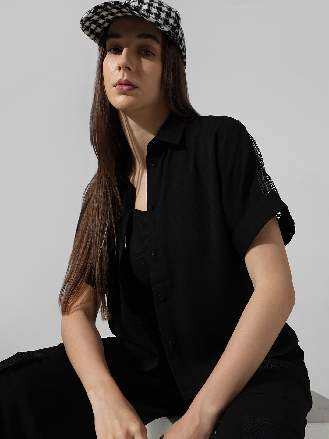 

ONLY Self Design Spread Collar Casual Shirt, Black
