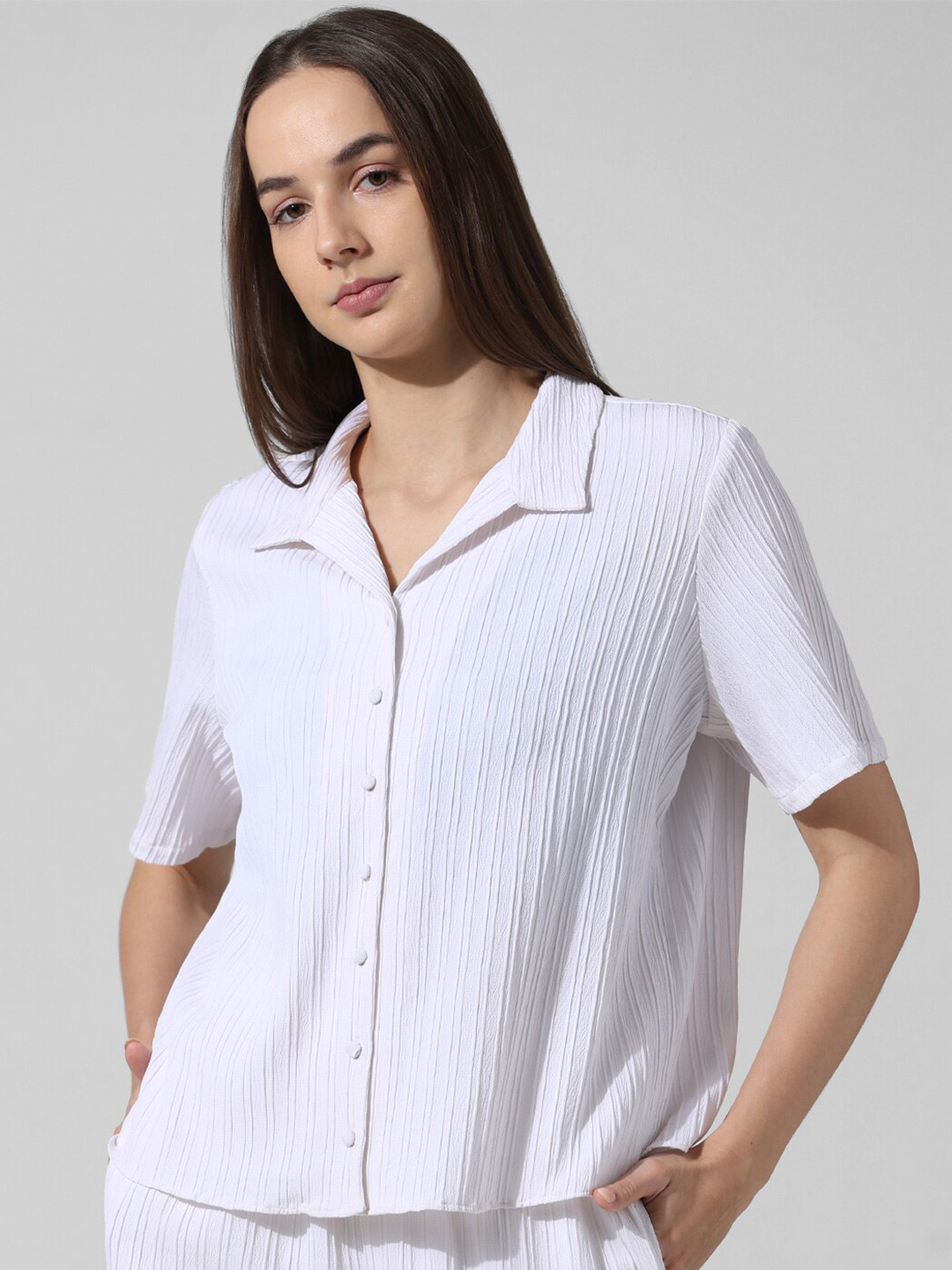 

ONLY Self Design Spread Collar Casual Shirt, White