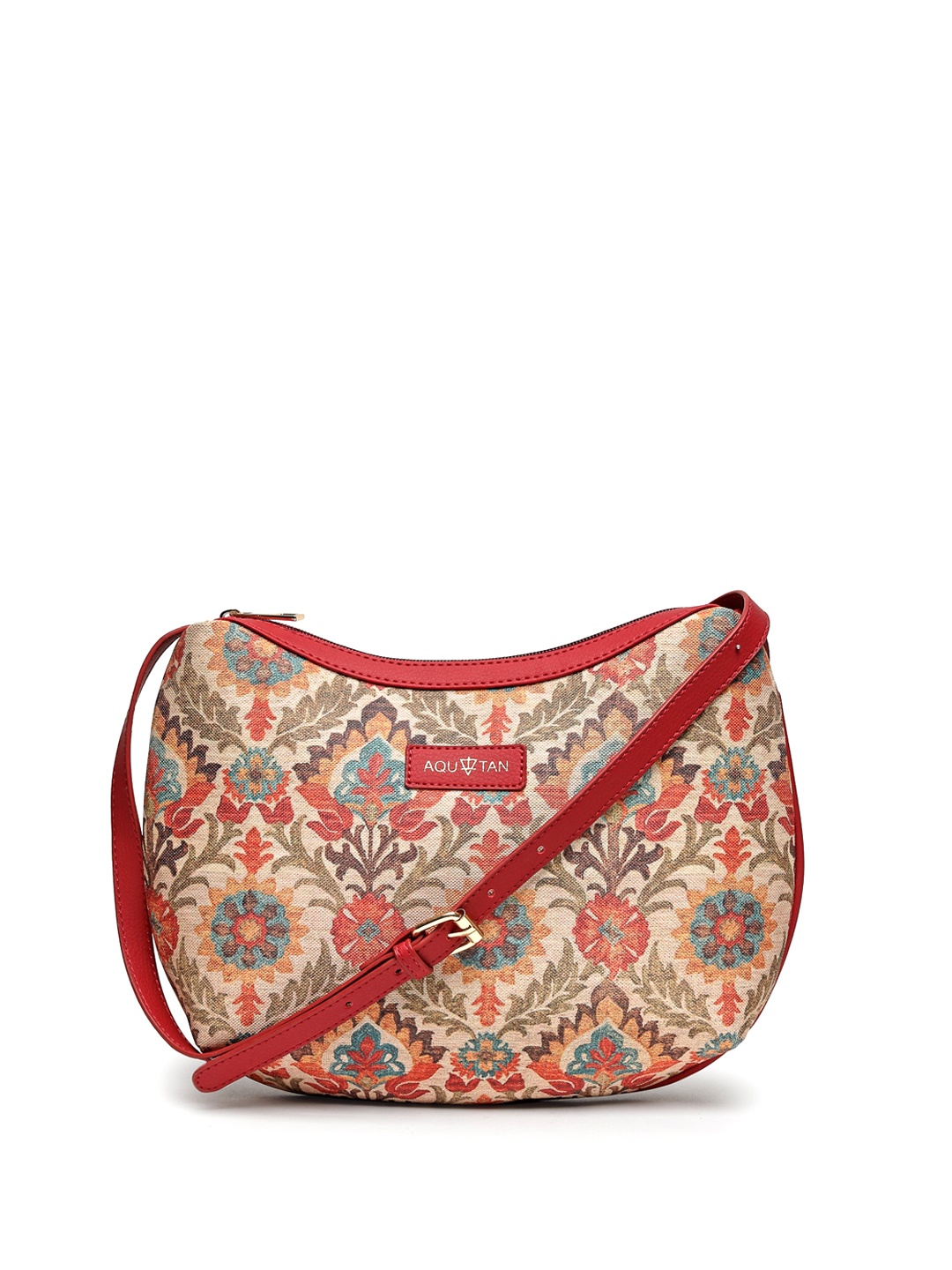 

AQUATAN Floral Printed Structured Canvas and Vegan Leather Sling Bag, Red