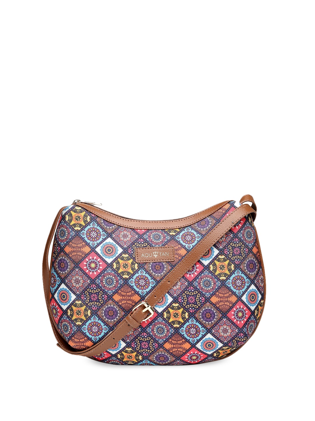 

AQUATAN Ethnic Motifs Printed Structured Canvas and Vegan Leather Sling Bag, Brown