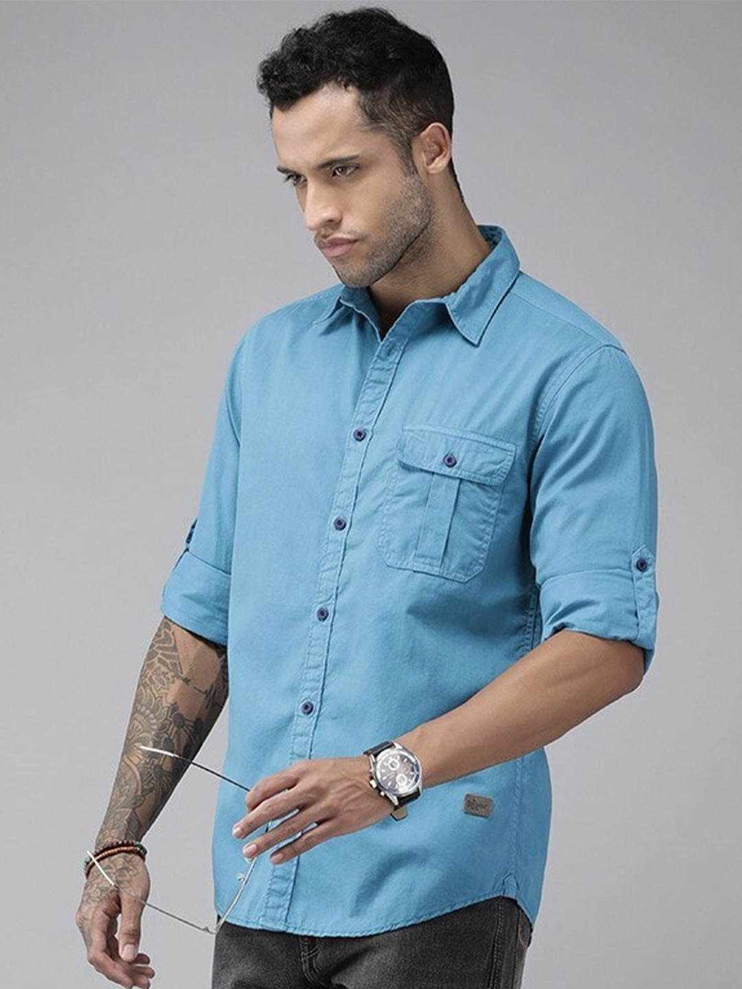 

The Roadster Pure Cotton Spread Collar Shirts, Blue