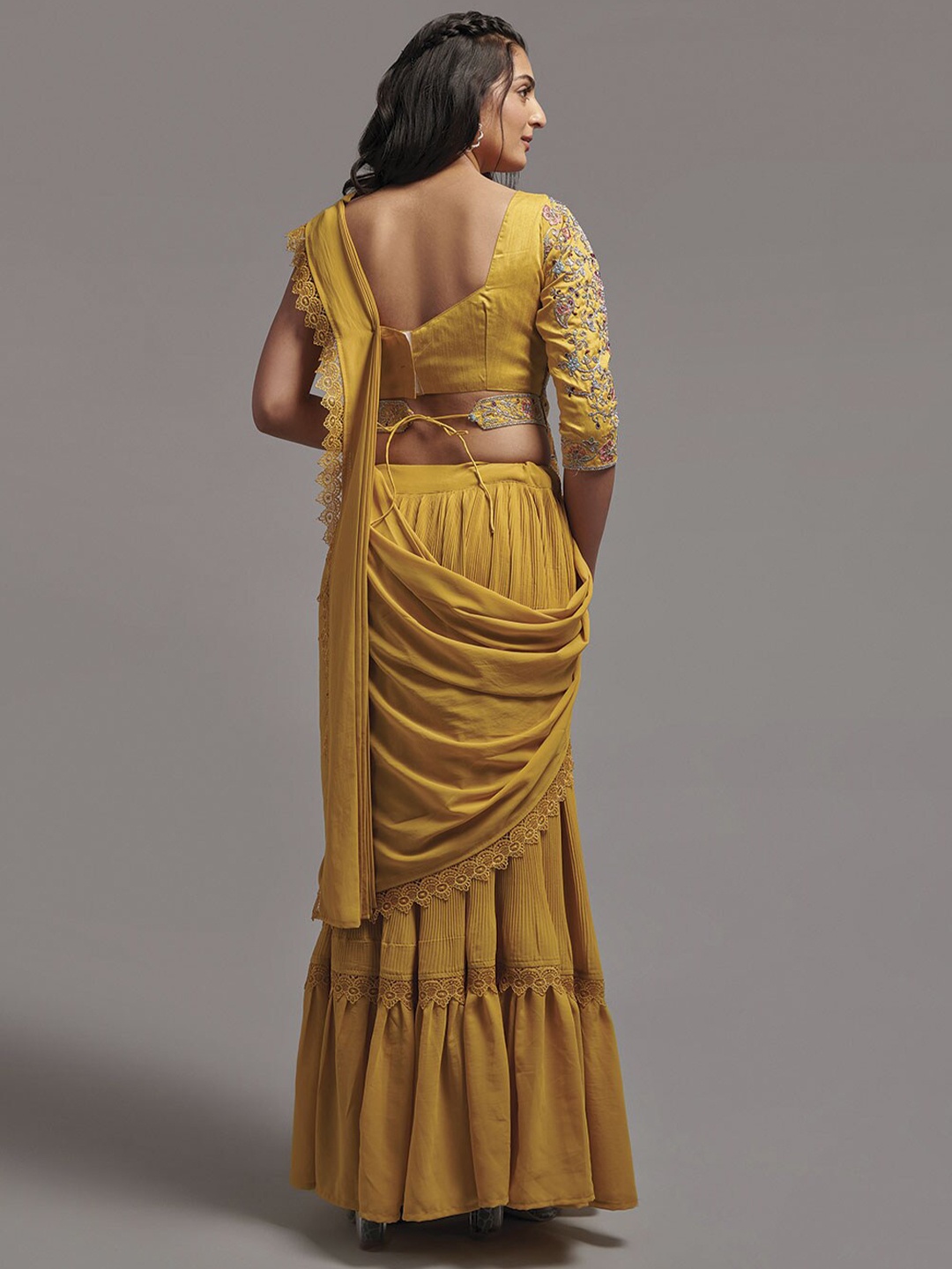 

Mitera Embroidered Pure Georgette Ready to Wear Saree, Mustard