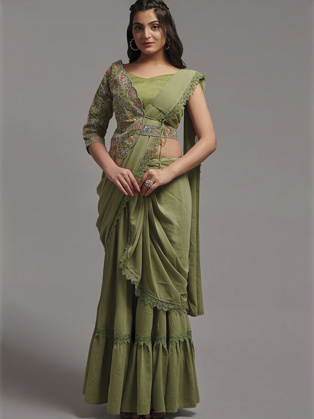 

Mitera Embroidered Pure Georgette Ready to Wear Saree, Green