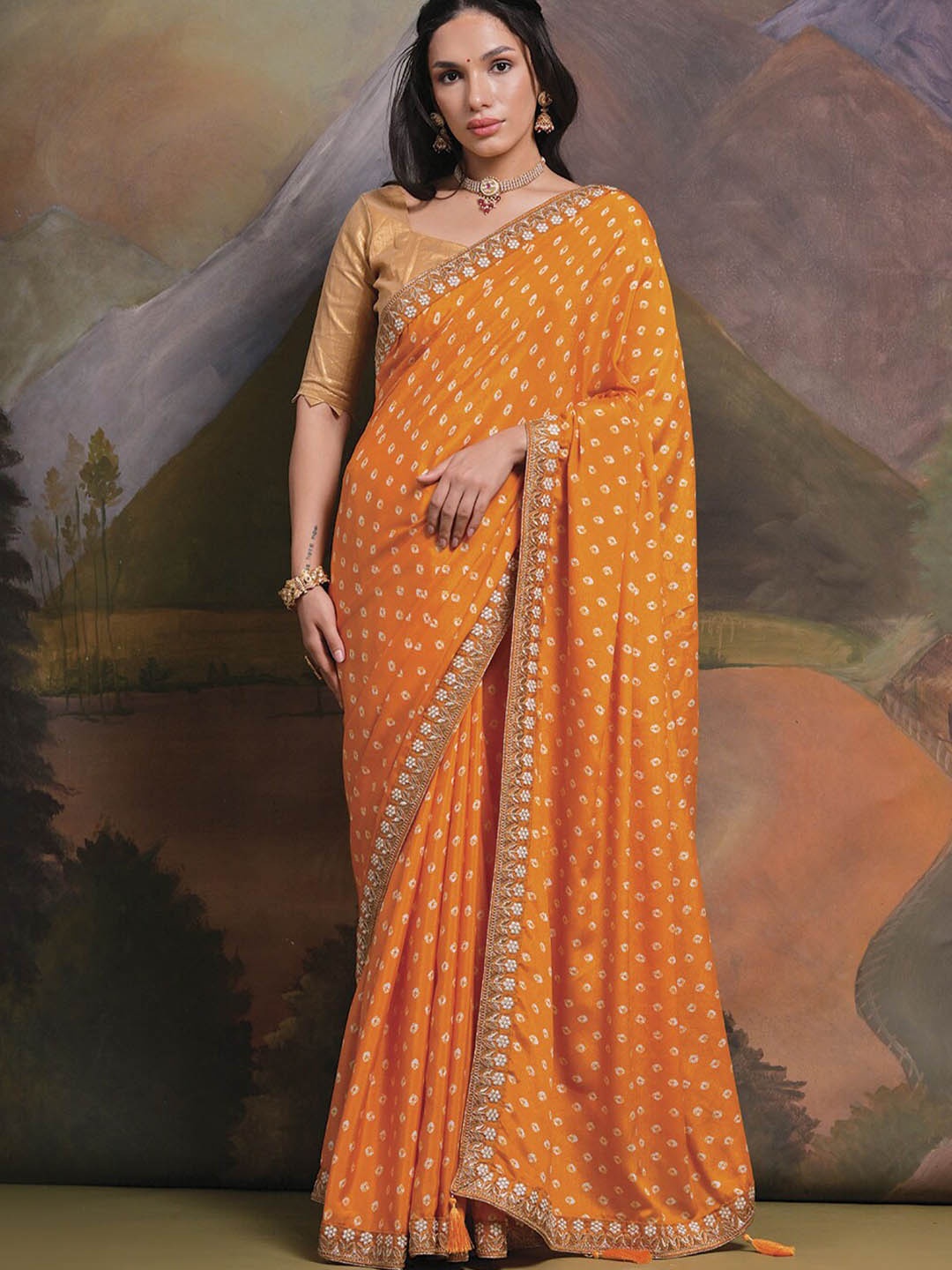 

Mitera Bandhani Embroidered Pure Georgette Saree, Mustard