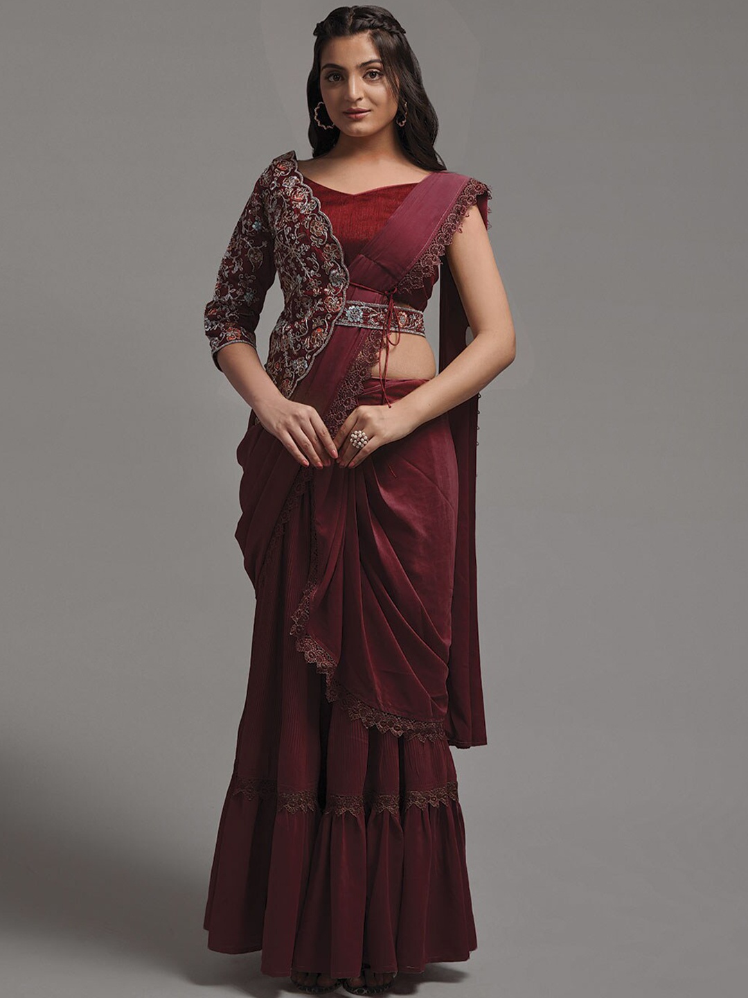 

Mitera Embroidered Pure Georgette Ready to Wear Saree, Maroon