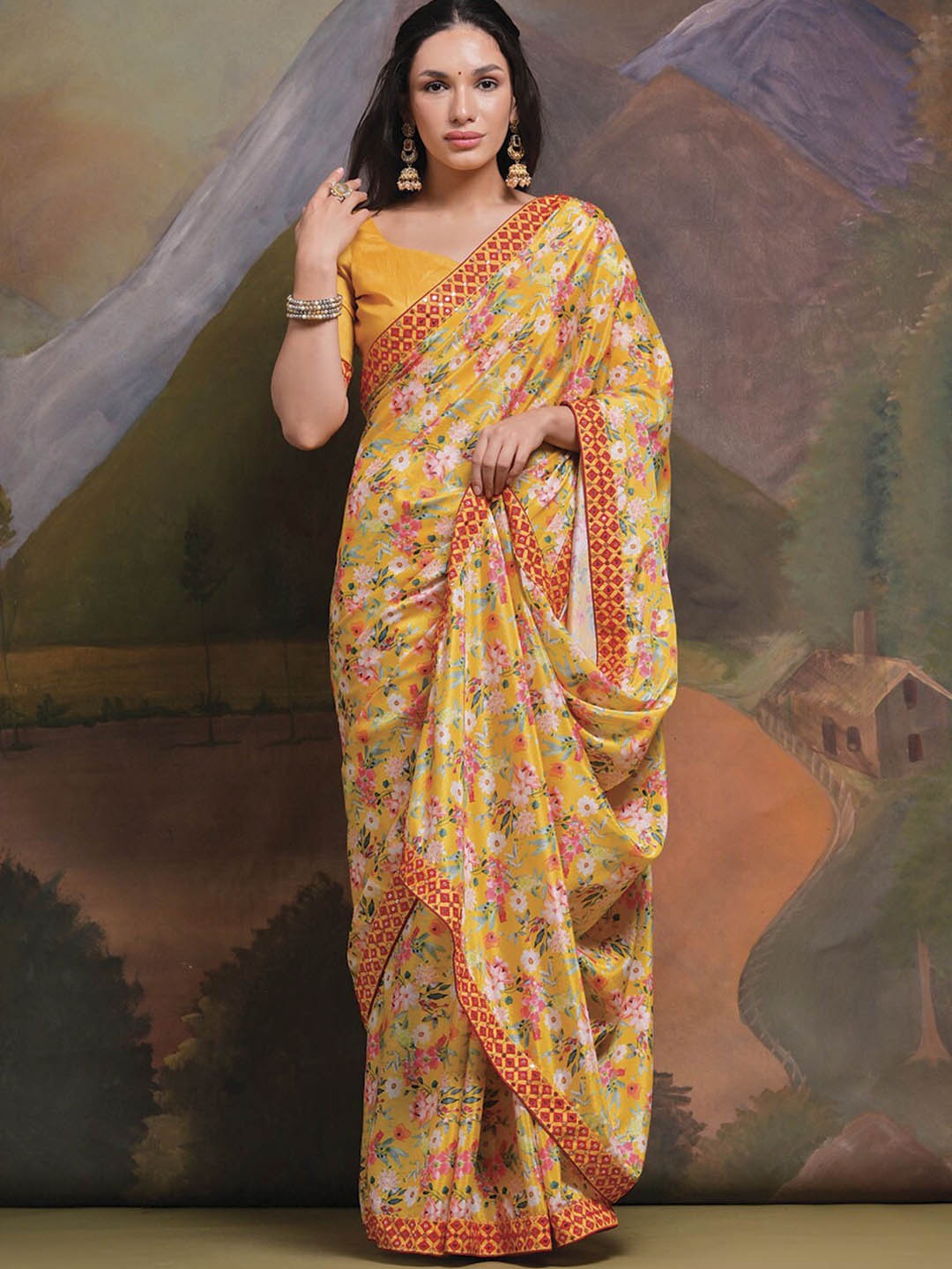 

Mitera Floral Embroidered Pure Georgette Saree, Yellow