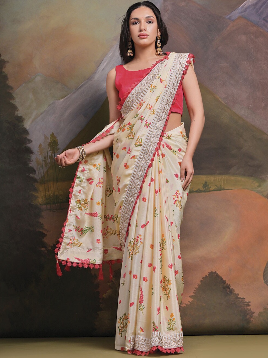 Mitera Floral Embroidered Pure Georgette Saree, Yellow