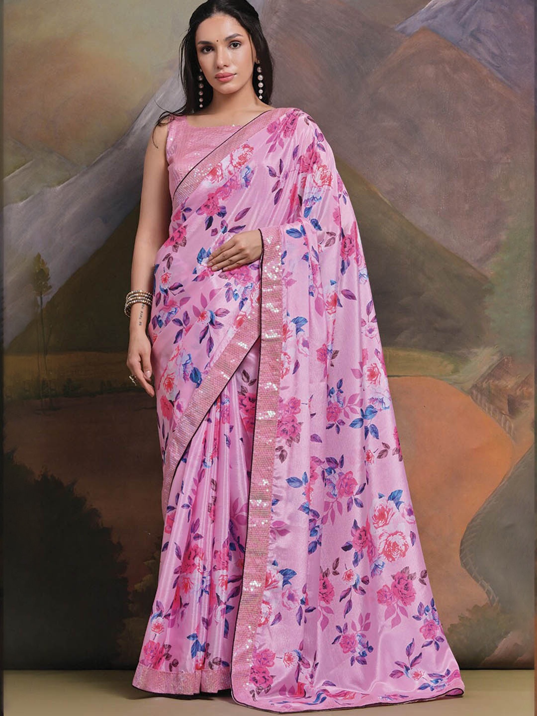 

Mitera Floral Sequinned Pure Georgette Saree, Pink