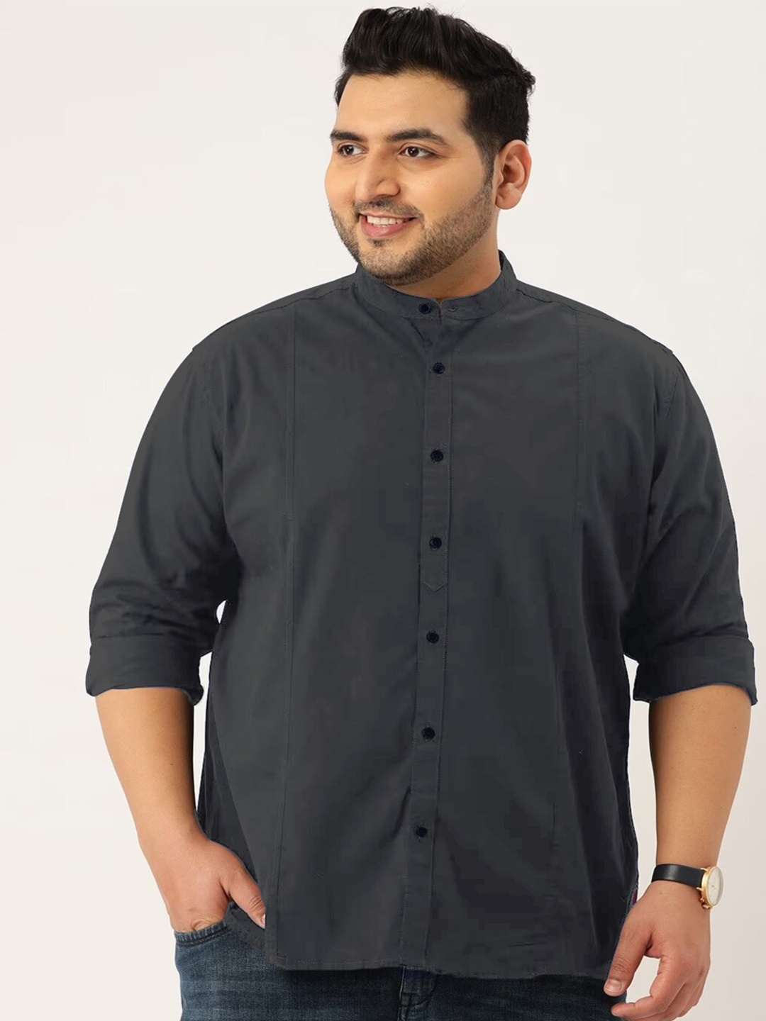 

IVOC Plus Size Regular Fit Mandarin Collar Long Sleeves Cotton Casual Shirt, Charcoal