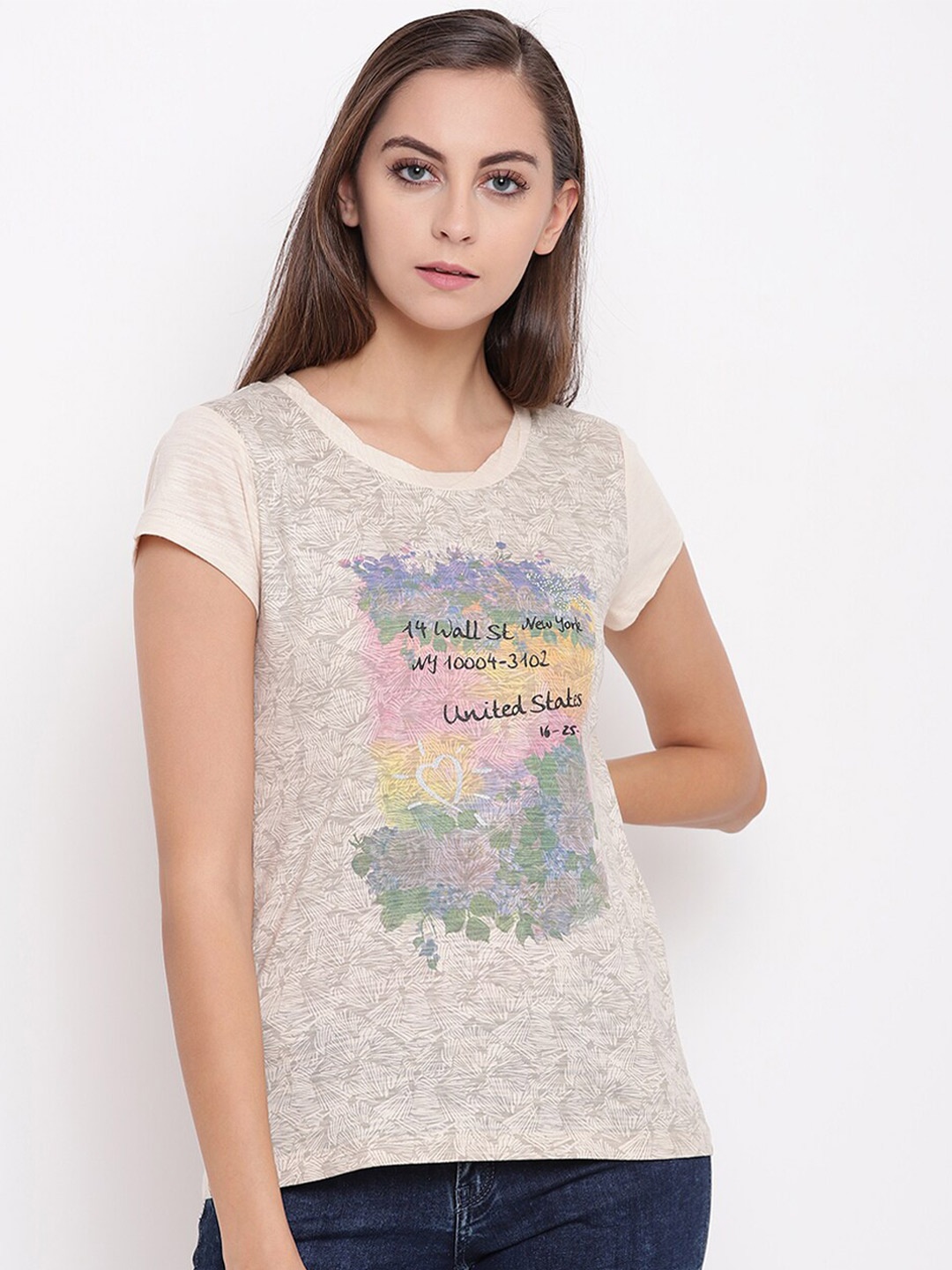 

Miss Grace Floral Printed Round Neck Top, Beige