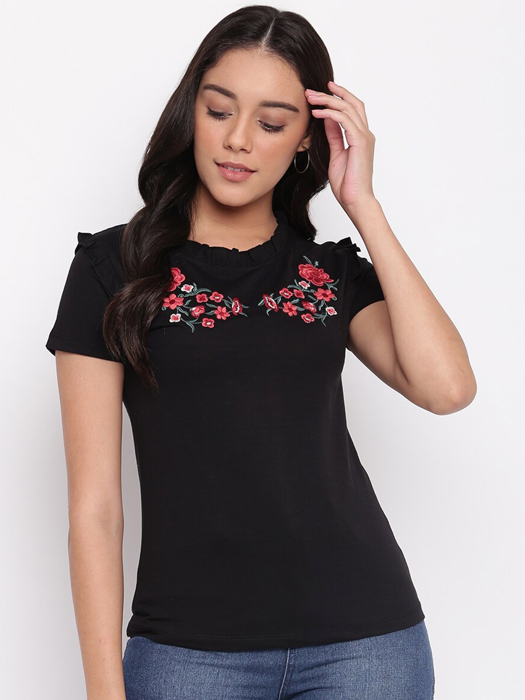 

Miss Grace Floral Embroidered Ruffles Cotton Top, Black