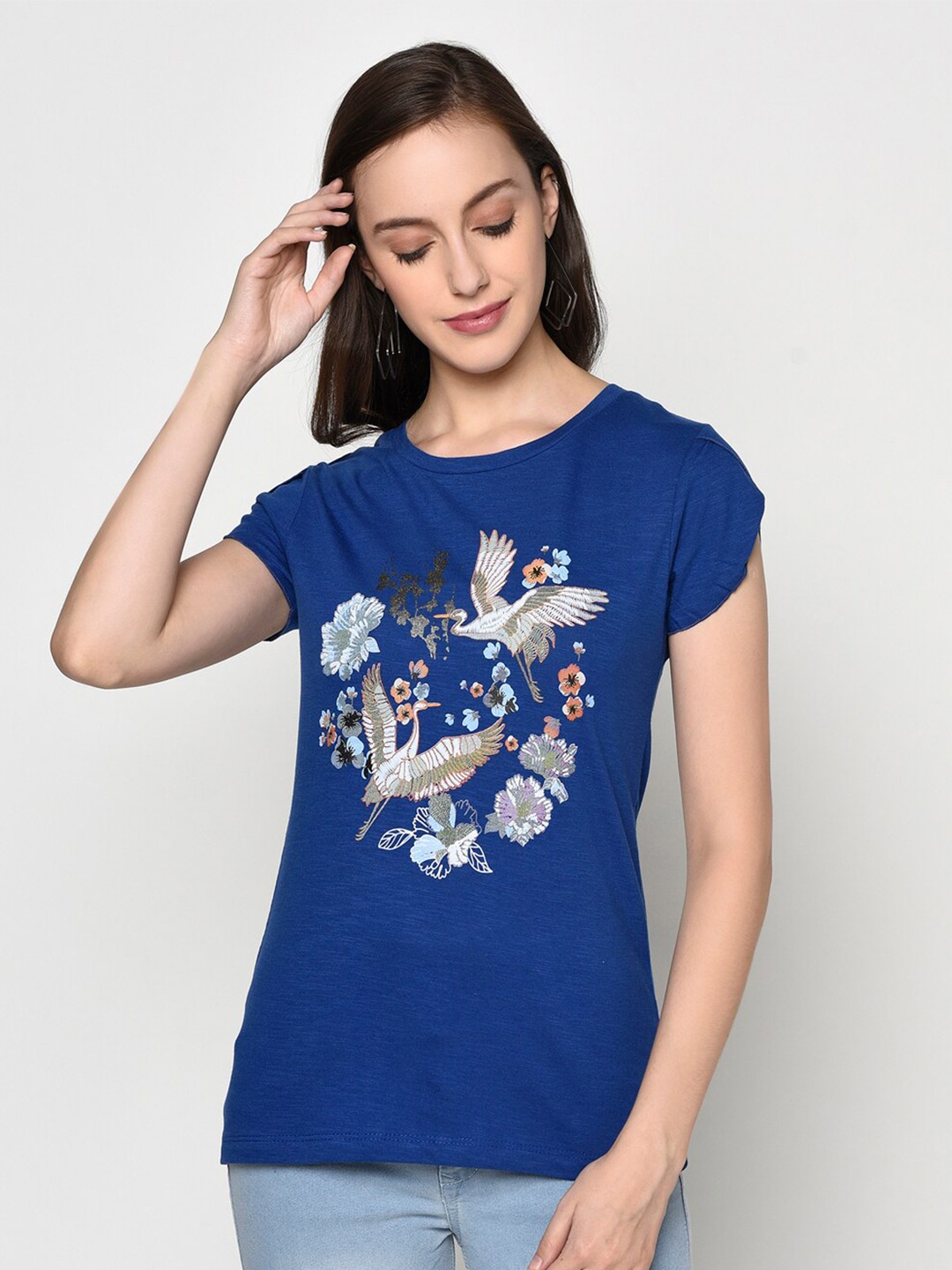 

Miss Grace Graphic Printed Round Neck Layered Top, Blue
