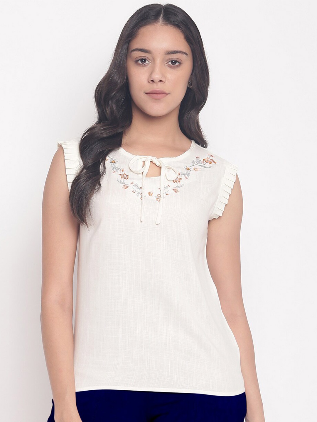 

Miss Grace Floral Embroidered Pleated Tie-Up Neck Top, Off white