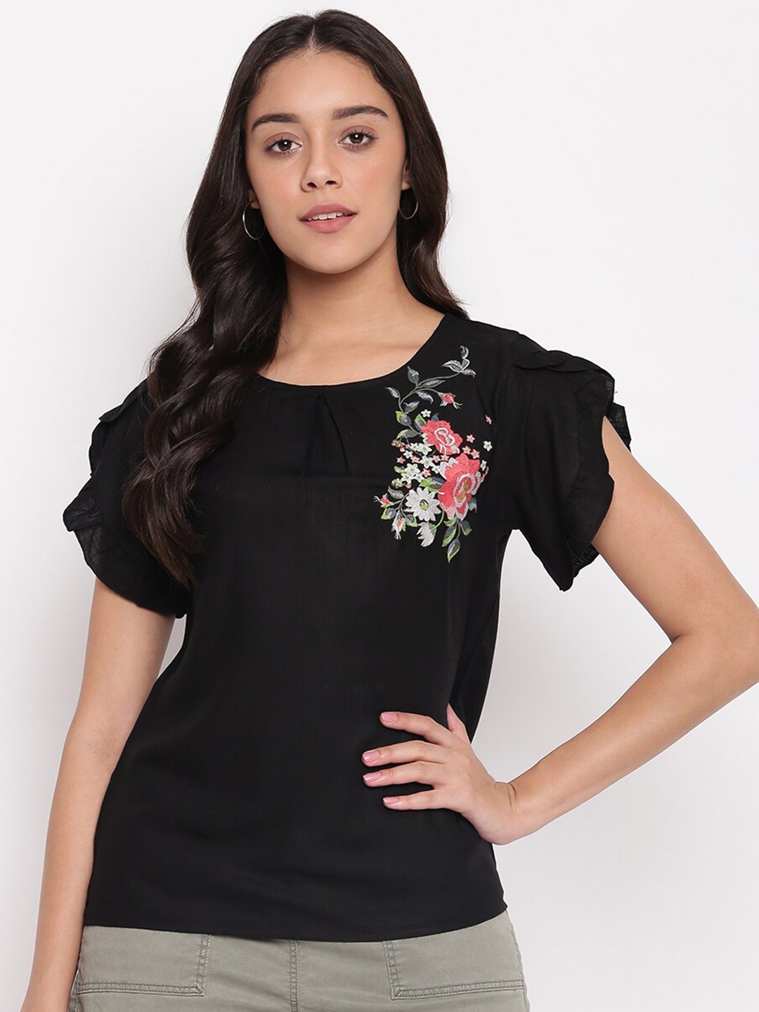 

Miss Grace Floral Embroidered Ruffles Cotton Top, Black