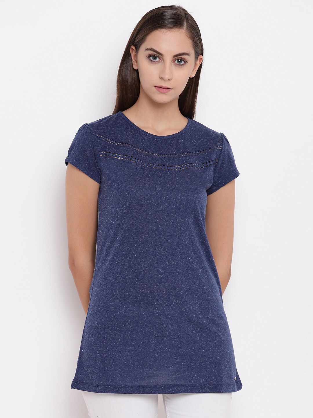 

Miss Grace Round Neck Longline Top, Navy blue