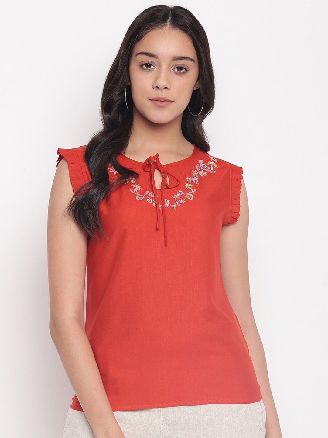 

Miss Grace Embroidered Tie-Up Neck Top, Rust