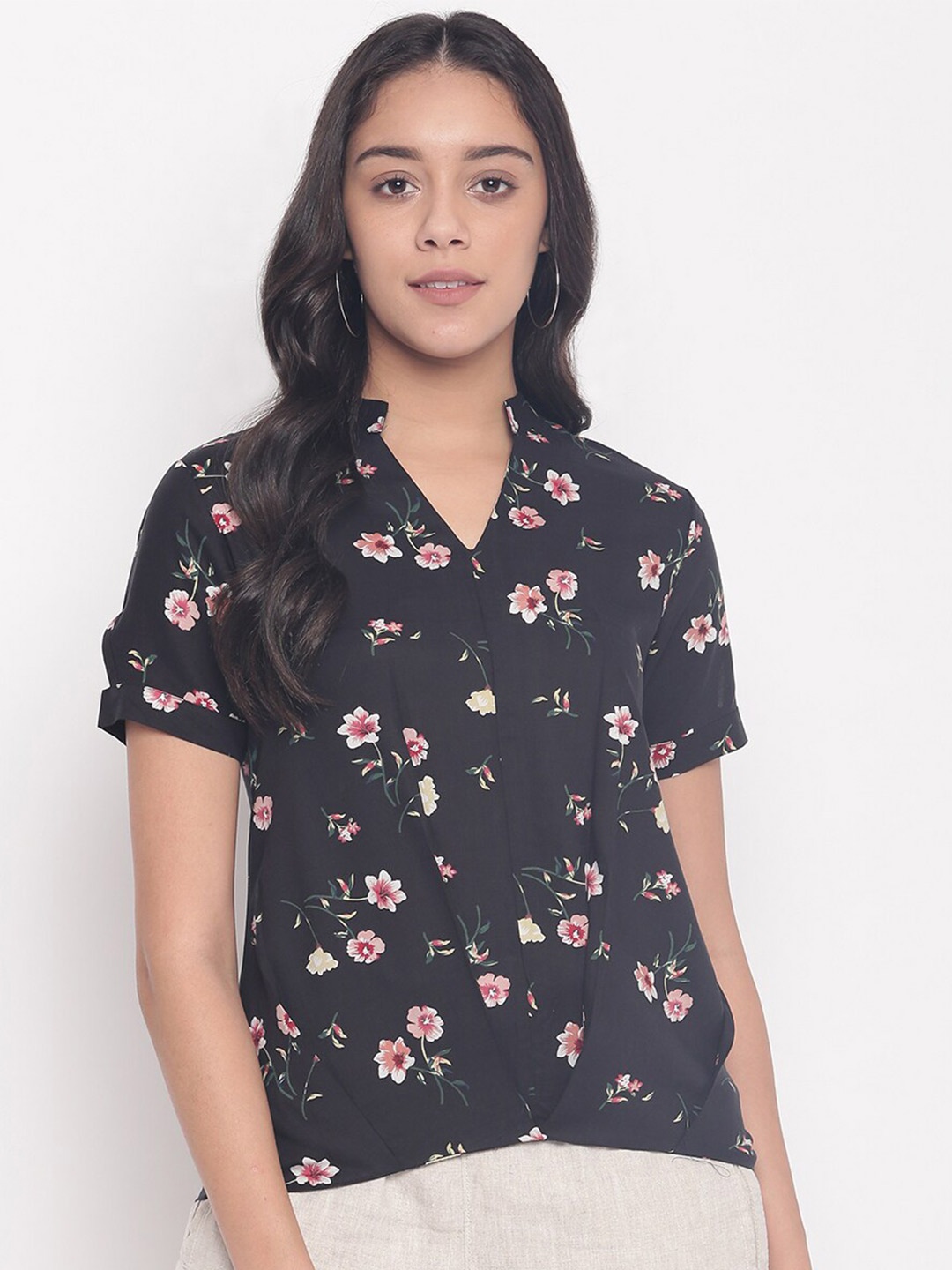 

Miss Grace Floral Print Mandarin Collar Top, Black