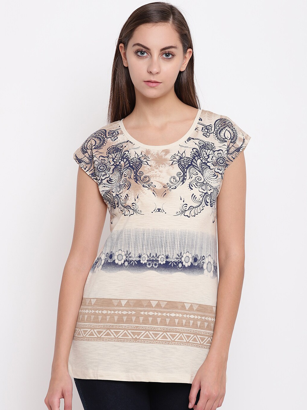 

Miss Grace Ethnic Print Extended Sleeves Long Top, Beige