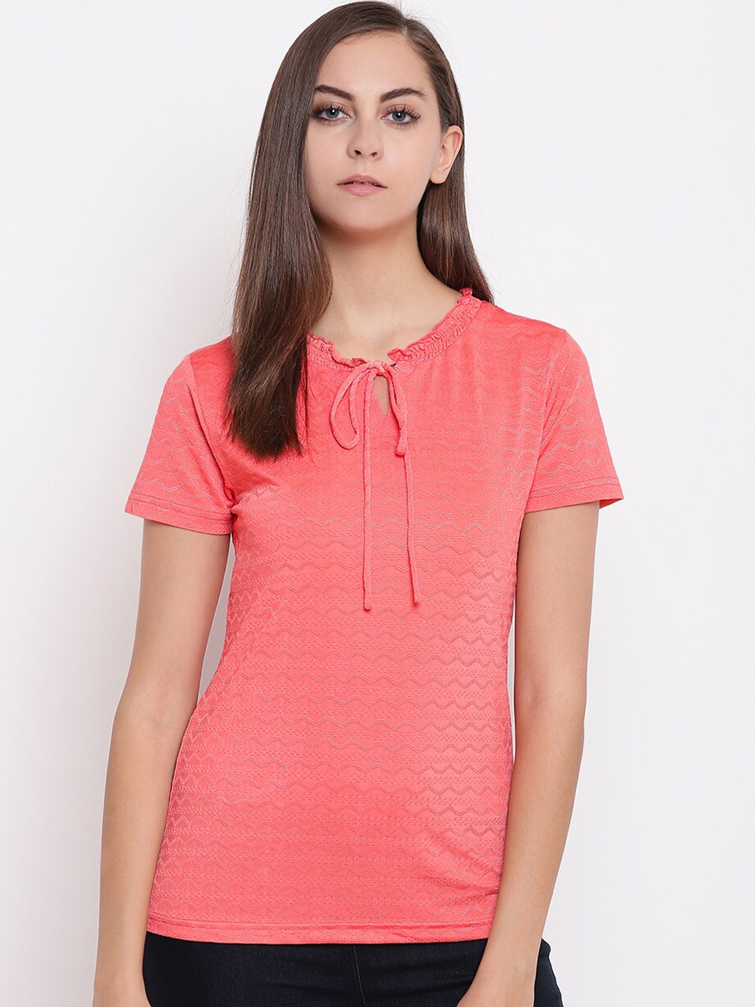 

Miss Grace Self Design Tie-Up Neck Top, Red