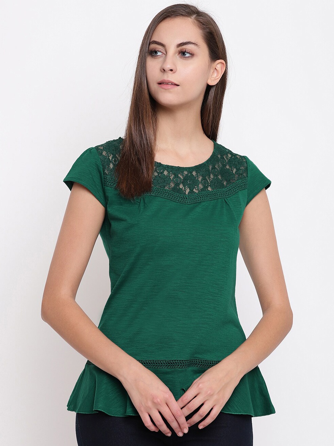 

Miss Grace Self Design Lace Inserts Peplum Top, Green