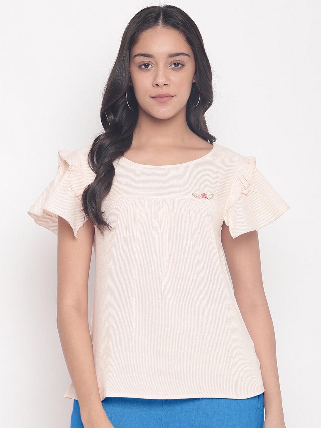 

Miss Grace Striped Flutter Sleeves Top, Peach